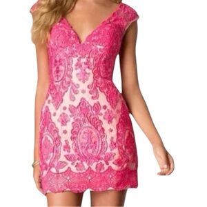 Pink Lace Cap-Sleeve Bodycon Dress